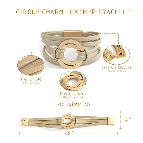 hotoo Circle Charm Bracelets for Women Handmade Leather Wrap Bracelets for Couples Friendship Bracelet Bohemian Cuff Bangle Boho Jewelry Gift - color: Grey