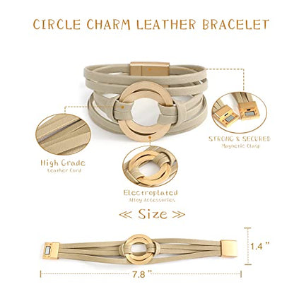 hotoo Circle Charm Bracelets for Women Handmade Leather Wrap Bracelets for Couples Friendship Bracelet Bohemian Cuff Bangle Boho Jewelry Gift - color: Grey