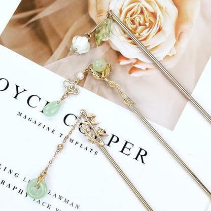 Lawie 10 Pack Retro Gold Metal Long Hair Sticks Pins with Pearl Jade Dangles Tassels Pendants Chinese Hanfu Asian Flower Butterfly Hair Chopsticks Hair Picks Bun Forks Holders Hairpins for Women Girls