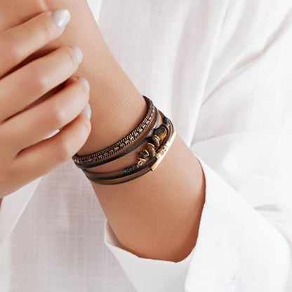 Boho Gemstone Beaded Leather Wrap Bracelets Stackable Chunky Cuff Bracelet Western Jewelry Cowboy Chic Country Concert Outfits for Women - color: Brown