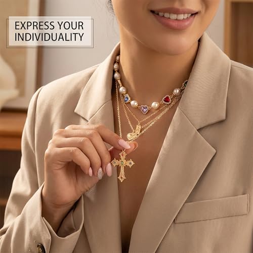 Gold Cross Layered Necklaces for Women,Colorful Crystal Drop Necklace,Gold Cross Pendant Necklace Stack,Fashion Long Tassel Chest Chain Jewelry Layered Rhinestone Neck Chain Accessories - color: Gold-3