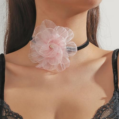 Rose Black Velvet Floral Choker Necklace - Camellia Daisy Rosette - Spring Summer Flower Jewelry - color: Pink 2