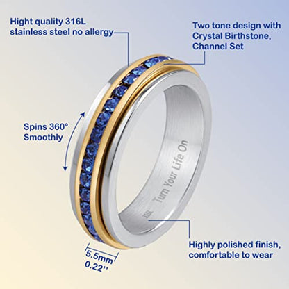 Muses Art Design Fidget Rings, Anxiety Rings, Spinner Rings, Band Rings with Birthstone, Stainless Steel, Women and Men, Meditation Rings, Thumb Rings, Stress Relieving and Anxiety Reducing - color: September - Sapphire