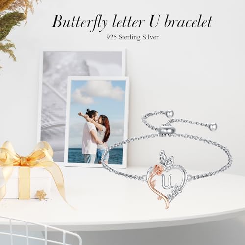 TOUPOP Gifts for Women Rose Heart Initial Bracelet 925 Sterling Silver Butterfly Letter Link Bracelet Love Jewelry Anniversary Birthday Gifts for Wife Girlfriend Mom Her - style: Initial U