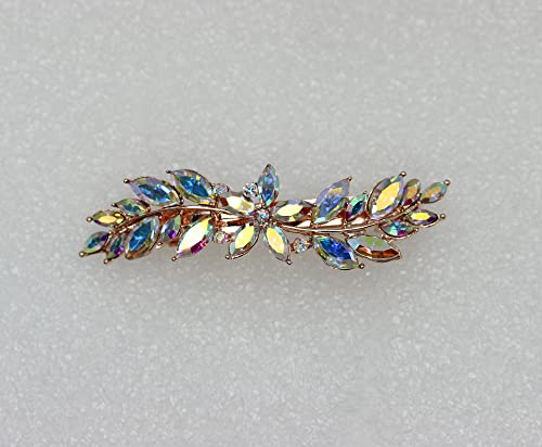Faship Multicolors AB Rhinestone Crystal Small Floral Hair Barrette Clip - color: AB / Rose gold plated