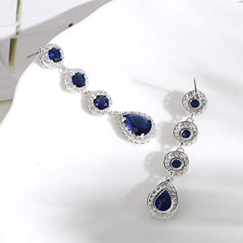 Women's Cubic Zirconia Bridal Earrings - Elegant Long Wedding Party Prom Earring for Bride Bridesmaids Crystal CZ Rhinestone Chandelier Statement Dangle Drop Earrings for girls - color: Blue-silver