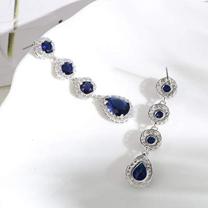 Women's Cubic Zirconia Bridal Earrings - Elegant Long Wedding Party Prom Earring for Bride Bridesmaids Crystal CZ Rhinestone Chandelier Statement Dangle Drop Earrings for girls - color: Blue-silver