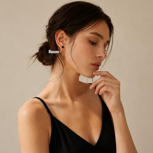 12 Pairs Simulated Pearl Stud Earrings Set for Women Men Beige White Black | 4 6 8 10 mm Faux Pearl Earrings Studs Pack, 316L Surgical Stainless Steel, Hypoallergenic for Sensitive Ears - color: Black