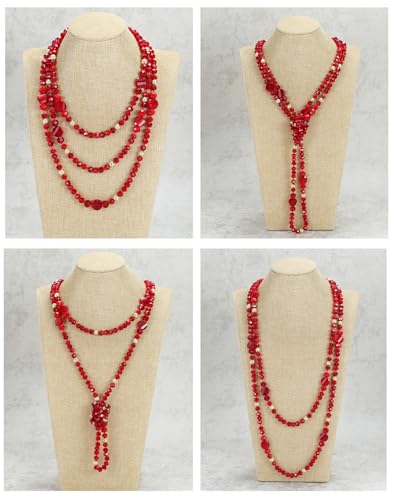 Trendy Infinity Wrap 60’’ Long Statement Necklace, Earrings and Bracelet Set - Hand Knotted Versatile Crystal and Shell Beads Strand Necklace and Chunky Beaded Stretch Bracelet Stack – Jewelry Set Gift for Women - color: White