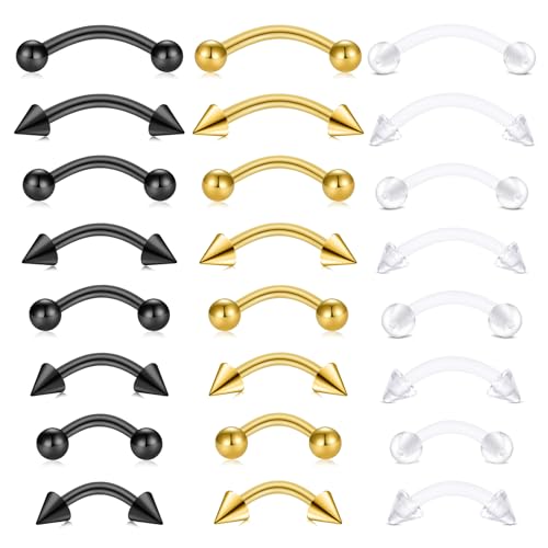 FECTAS 24PCS Eyebrow Rook Piercing Jewelry 16G Earrings Vertical Labret Lip Jewelry Curved Barbell Eyebrow Rings Ear Rook Helix Conch Daith Piercing Jewelry 6/8/10/12mm Plastic Retainers - color: black,gold,clear