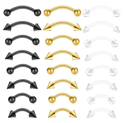 FECTAS 24PCS Eyebrow Rook Piercing Jewelry 16G Earrings Vertical Labret Lip Jewelry Curved Barbell Eyebrow Rings Ear Rook Helix Conch Daith Piercing Jewelry 6/8/10/12mm Plastic Retainers - color: black,gold,clear