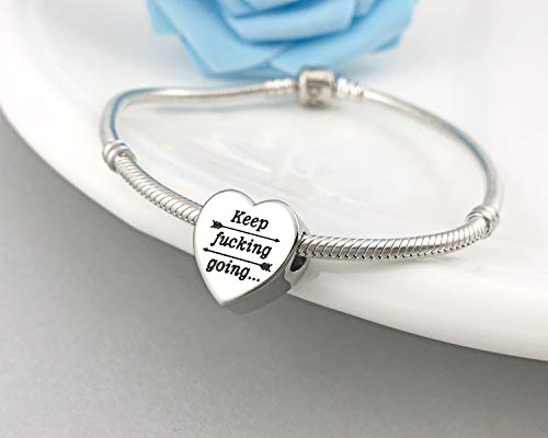 Heart Charm Fit for Pandora Charms Bracelet Inspirational Engraving Jewelry Personality Encouragement Gifts for Women - style: Keep Fvck Going