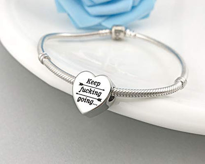 Heart Charm Fit for Pandora Charms Bracelet Inspirational Engraving Jewelry Personality Encouragement Gifts for Women - style: Keep Fvck Going