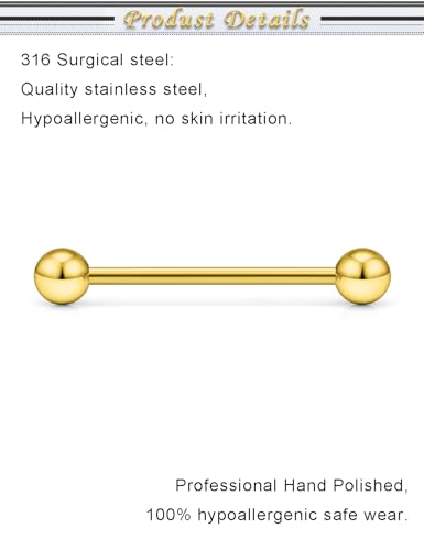16G 14G Surgical Steel Tongue Rings Nipple Rings Industrial Piercing Jewelry Set Multi Size Straight Barbells 12mm 14mm 16mm 19mm 22mm 28mm 32mm 35mm 38mm 40mm 45mm for Women Men - color: goldtone, size: 14g,bar length 22mm