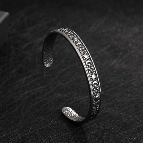 YWMAN Sun Moon Star Engraved Bangle Bracelet - Stainless Steel Celestial Cuff Bracelet - Gifts for Mom Daughter Sister Friends