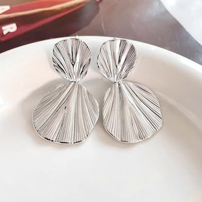 Large Geometric Drop Dangle Earrings for Women Pearl Teardrop Disc Rectangle Oval Fishtail Shell Shaped Textured Dangle Studs Earrings for Women - color: Silver-Shell A