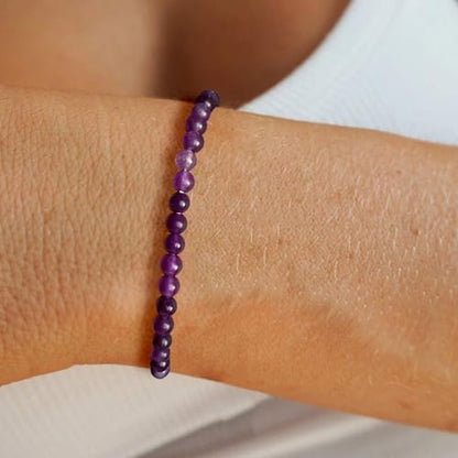 Crystal Beaded Bracelets for Women 4mm Clear Quartz Bead Handmade Gemstone Stretch Elastic Bracelet Natural Stone Crystal Healing Reiki Spiritual Jewelry Gifts - color: Amethyst, size: 4mm