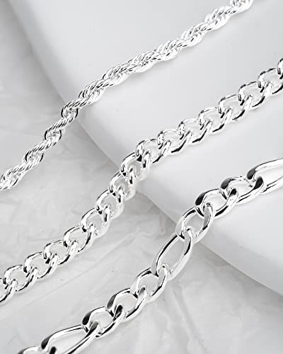 Sterling Silver Ankle Bracelets for Women Strong Lobster Clasp - Cuban Link, Figaro, Rope, Flat Mariner, Snake Herringbone, Satellite, Paperclip - Summer Beach Waterproof Silver Anklet - color: Figaro,Curb,Rope