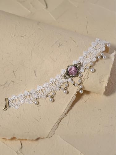 Lace Choker Necklace for Women Tassel Pendant Choker Necklaces Elegant Boho Collar Necklaces Statement Artistic Chain Necklace with Pearl Halloween Party Cosplay Costume Jewelry - color: White Pearl Rose
