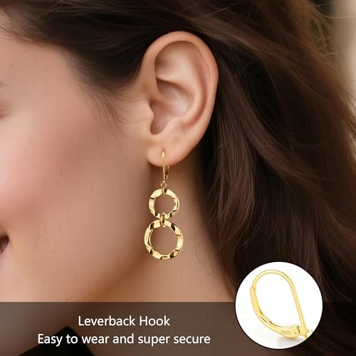 ALEXCRAFT Gold Hammered Double Circle Leverback Dangle Earrings | Hypoallergenic, Drop Handmade, Hammered Round, Minimalist Boho - color: A-14k Gold