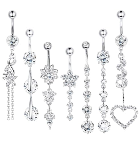 LOLIAS 7 Pcs Surgical Steel Dangle Belly Button Ring Piercing for Women | Hypoallergenic Long Belly Rings Gold Silver 14G Navel Button Piercing CZ Flower Heart Curved Navel Piercing Jewelry - color: A:Silver-tone