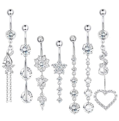 LOLIAS 7 Pcs Surgical Steel Dangle Belly Button Ring Piercing for Women | Hypoallergenic Long Belly Rings Gold Silver 14G Navel Button Piercing CZ Flower Heart Curved Navel Piercing Jewelry - color: A:Silver-tone