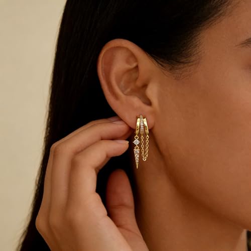 Pearl Earrings for Women Trendy, 14k Gold Plated Freshwater CZ Leaf Pearl Dangle Drop Gold Earrings Lightweight Hypoallergenic Stud Earring Bridesmaid Wedding Gold Jewelry for Women Gifts - style: cz chain earrings-4