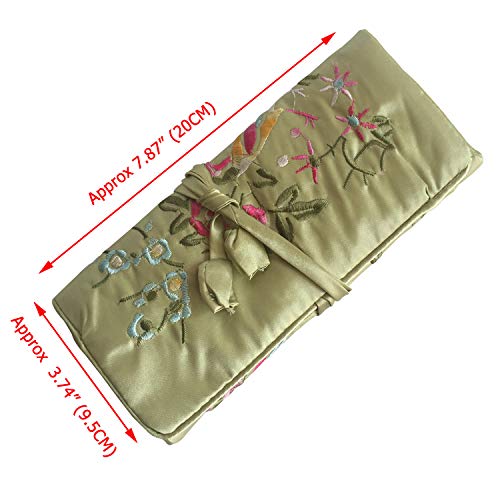 Travel Jewelry Roll Bag - Embroidered Brocade Pouch for Rings, Necklaces, Earrings, Bracelets | Lightweight & Tie Closur (Grass Green) - color: Grass Green