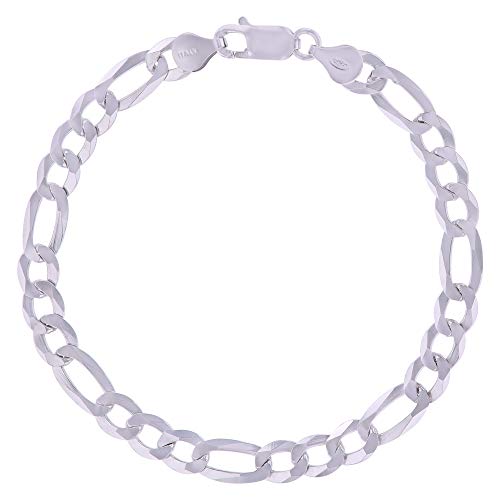 14K Gold or Rhodium Plated Silver Figaro Diamond Cut Pave Chain For Men | 1mm-13mm Thick | Solid 925 Figaro Italian Necklaces For Men - style: 6.70MM- White