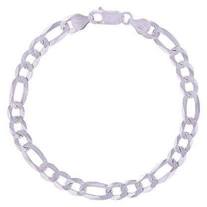 14K Gold or Rhodium Plated Silver Figaro Diamond Cut Pave Chain For Men | 1mm-13mm Thick | Solid 925 Figaro Italian Necklaces For Men - style: 6.70MM- White