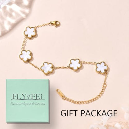 FLY FEI 18K Gold-Plated Four Leaf Clover Bracelet for Women,Adjustable lucky Bracelet Set Jewelry Gift-Hypoallergenic Charm for Birthdays, Wellness & Daily Wear - color: style01-White