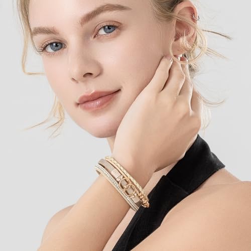 Chunky Boho Leather Wrap Bracelets Cowgirl Beaded Circle Western Jewelry | Stackable Infinity Layered Bohemian Magnetic Clasp Cuff Statement Fashion Colorful Country Hippie Outfits for Women Trendy - color: Gold