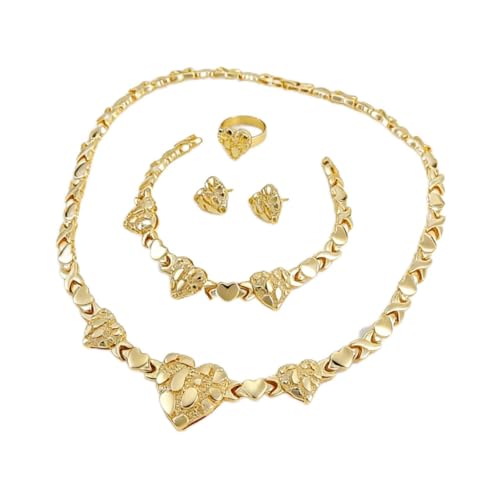 Women's Gold wedding Jewelry Set Tricolor Hugs Kisses Heart necklace set - color: 3 Heart Set
