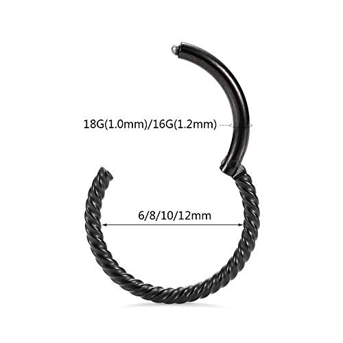 GAGABODY 2 Pcs Nose Rings 22G 20G 18G 16G 14G 12G 10G 8G Surgical Steel Piercing Rings for Nose Septum Cartilage Helix Tragus Conch Rook Daith Lobe from 5mm to 16mm Seamless Hoop Unisex Hinged Earrings - color: Black-Twisted