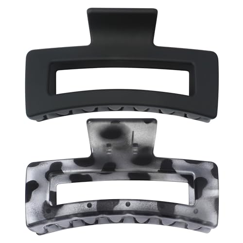 XXL Jumbo Rectangle Claw Clips for Thick Hair - Strong Hold Hair Clips | Rectangle Design | Matte Finish | Non Slip | Wide Opening | 2 Pack (Black & Gray Leopard) - color: Black & Gray Leopard