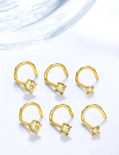 18G 20G 22G Stainless Surgical Steel Titanium Nose Rings Studs for Women L Shaped Nose Rings Screw Nose Studs Nostrial Piercing Jewelry for Women Men Silver Gold Black - style: 20G/Yellow CZ/Screw/Gold