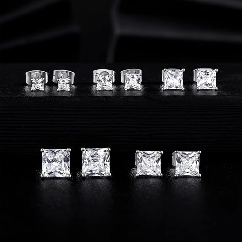 MDFUN 5 Pairs Square Earrings Set for Women Hypoallergenic 18K White Gold/Yellow Gold/Rose Gold Plated Princess Cut Clear Cubic Zirconia Stud Earring 3-7MM Pack of 5 - color: White Gold