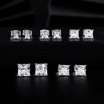 MDFUN 5 Pairs Square Earrings Set for Women Hypoallergenic 18K White Gold/Yellow Gold/Rose Gold Plated Princess Cut Clear Cubic Zirconia Stud Earring 3-7MM Pack of 5 - color: White Gold