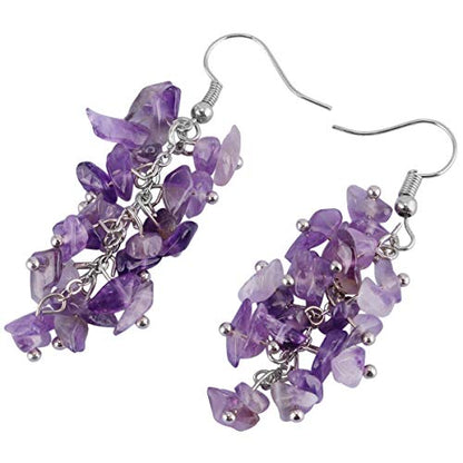 Nupuyai Natural Tumbled Stones Earrings for Women, Reiki Healing Crystal Long Dangle Hook Eardrop - color: #1-Purple