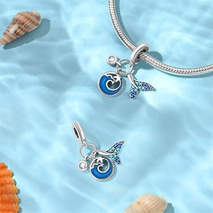 LNQOBU 925 Sterling Silver Charms for Bracelets Necklaces,5A Cubic Zirconias Evil Eye Dangle Beads Charms Jewelry Gift for Women (With one Spacer Beads Charms) - style: Sea Waves 3-Piece Set