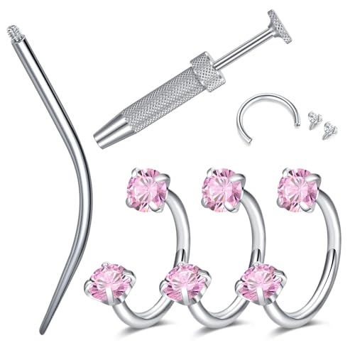 18G 20G Horseshoe Nose Rings Studs with Taper and Grabber | Surgical Steel Nose Ring Pink Cubic Zirconia Nose Piercing,Internally Threaded Nose Rings For Women,Colorful Zirconia - color: Silver-3Pcs Pink