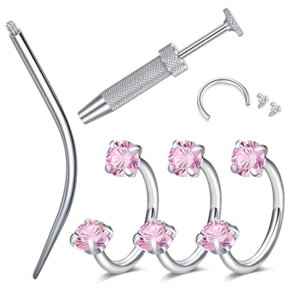 18G 20G Horseshoe Nose Rings Studs with Taper and Grabber | Surgical Steel Nose Ring Pink Cubic Zirconia Nose Piercing,Internally Threaded Nose Rings For Women,Colorful Zirconia - color: Silver-3Pcs Pink