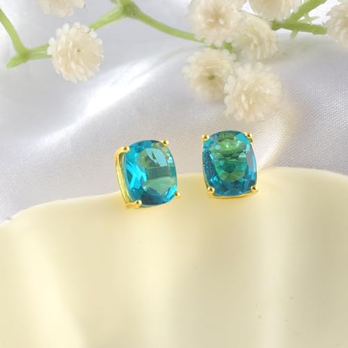 Women's 18K Gold Plated 8x10mm Princess Cut Gemstone Stud Earrings – Birthstone Jewelry for Her – Classic Cushion Studs - color: Swiss Blue Topaz