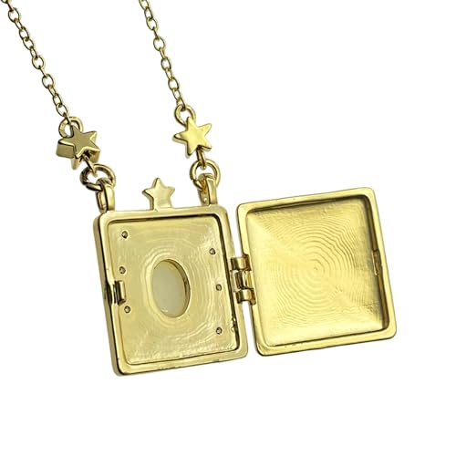 Personalized Color Print Photo Locket Custom Text Engraved Pendant Gold Tone Opal Star Moon Charm Necklace Gift - style: 1 Text (Gold-tone)