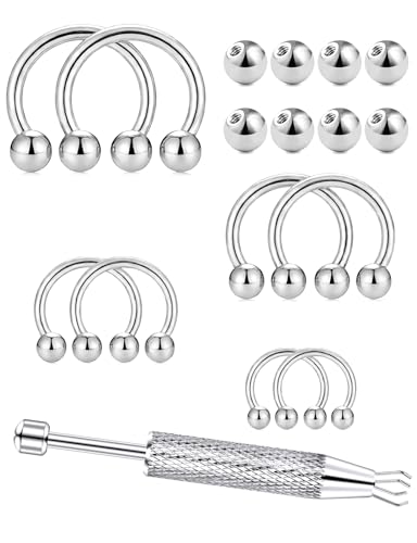16G Horseshoe Septum Rings 6/8/10/12mm with Tool & Ball Grabber,Hypoallergenic for Nose,Rook,Cartilage,Helix,Lips-Silver Gold 316L Surgical Steel Septum Piercing jewelry - color: Horseshoe Ring 6-12mm + Ball + Tool