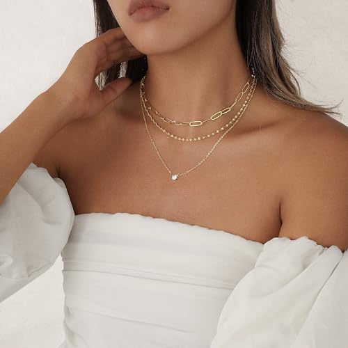 Layered Gold Necklace Set for Women Dainty Waterproof Cute Choker | 14K Gold Plated Minimalist Non Tarnish Lightweight CZ Pendant Pearl Twist Paperclip Chain Jewelry Gifts - style: 3PCS-Paperclip chain zircon-GD