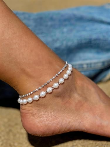 Gold Ankle Bracelets for Women, Dainty 14K Gold Plated Anklets for Women Waterproof Cuban Link Chain Pearl Anklet Set Trendy Layered Stackable Ankle Bracelet Non Tarnish Jewelry for Her - color: A0112