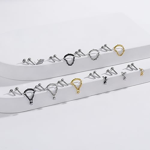 BelezaDosas G23 Titanium Labret Studs Threadless Push-in Labret Press Fit 16G Cluster Helix Lobe Conch Tragus Push Back Piercing Jewelry - style: silver chain CZ