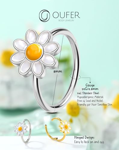 OUFER Nose Rings Hoops, 316L Surgical Steel Hinged Segment Nose Rings 20G, Silver Gold Nose Rings with Cute Daisy Design, Nose Nostril Piercing Jewelry for Women and Men - color: Silver