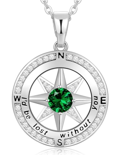 Peeshow Compass Birthstone Necklace for Women Wife, S925 Sterling Silver Gift for Wife Wedding Anniversary Birthday Gifts for Women Jewelry for Her Girlfriend I'd be Lost without You - style: 05-May-Emerald